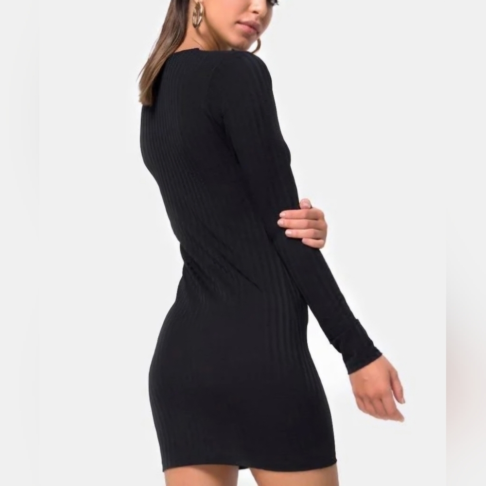 Motel Rocks Black Ribbed Zip Bodycon Dress Long Sleeve Medium
